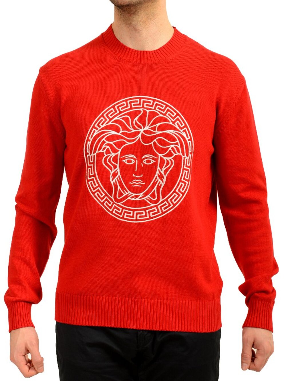 Versace Men's Medusa Embroidery Red Crewneck Pullover Sweater US M IT 50